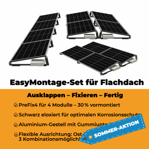 PreFix4 Montage-Set Flachdach, für 4 PV-Module, schwarze Farbe, 30% Vormontiert