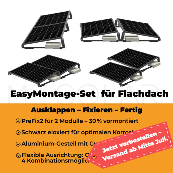 PreFix2 Montage-Set Flachdach, für 2 PV-Module, schwarze Farbe, 30% Vormontiert
