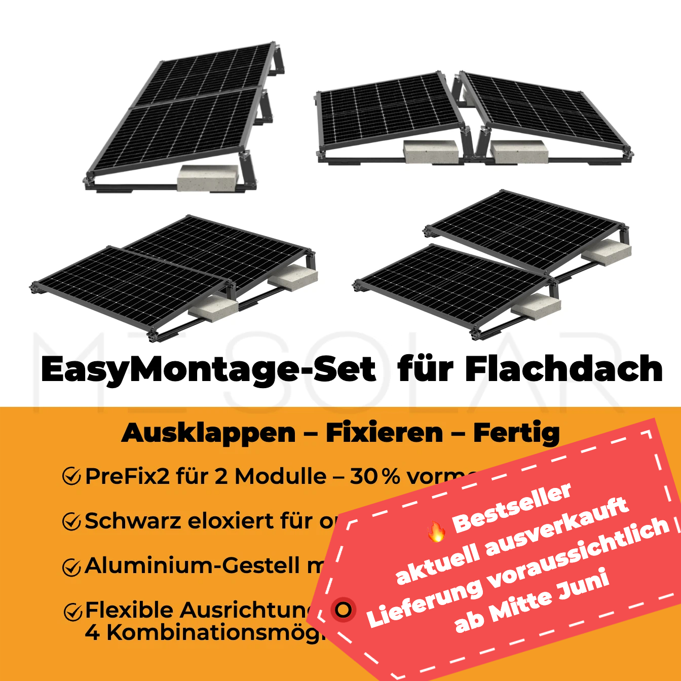 PreFix2 Montage-Set Flachdach, für 2 PV-Module, schwarze Farbe, 30% Vormontiert