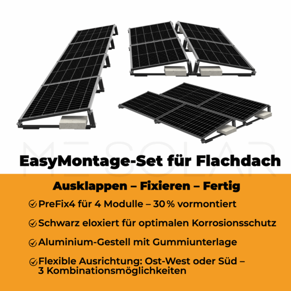 PreFix4 Montage-Set Flachdach, für 4 PV-Module, schwarze Farbe, 30% Vormontiert