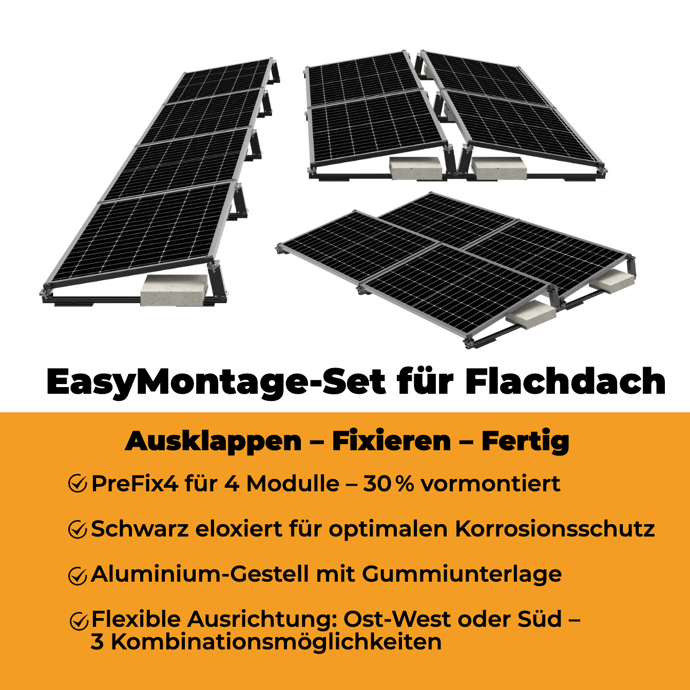 PreFix4 Montage-Set Flachdach, für 4 PV-Module, schwarze Farbe, 30% Vormontiert