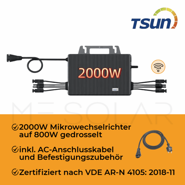 TSUN Balkon Mikrowechselrichter TSOL-MS2000(800w), WLAN integriert, inkl. 5 Meter AC Schlusskabel