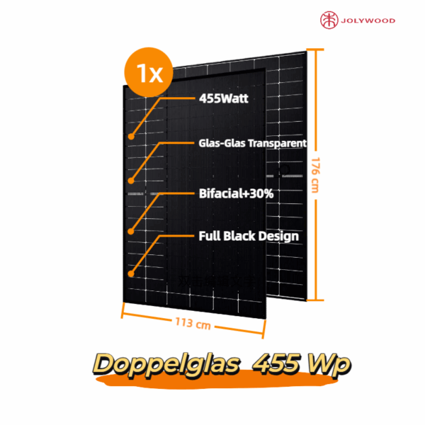 Jolywood 455W Bifazial transparent Glas-Glas Black Modul (Mindestabnahme 4 Stück)