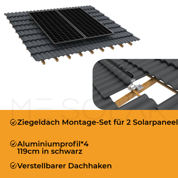 Ziegeldach Montage-Set, schwarze Solarhalterung für 2 PV-Module