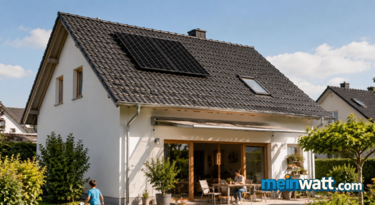 Ziegeldach-Montage-Set für 2 PV-Module mit schwarzen Dachhaken und Montageschienen auf einem Wohnhaus