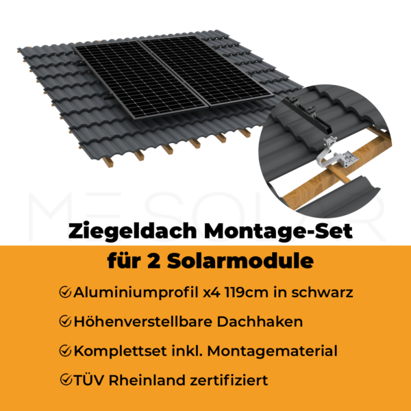 PV-Montageset Ziegeldach für 2 Module – schwarze Schienen & Dachhaken